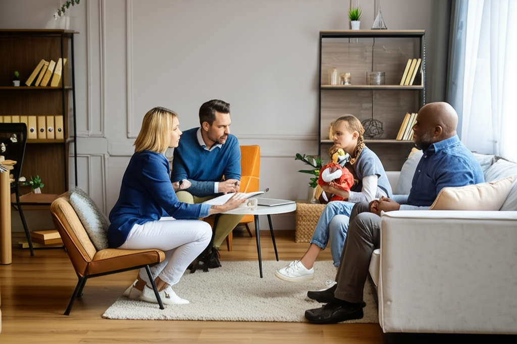 Insurance agent explaining policy details to family in living room